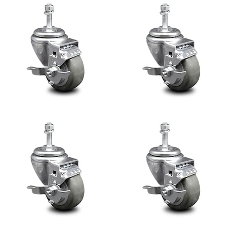 Service Caster 3.5 Inch Gray Polyurethane Swivel 3/8 Inch Threaded Stem Caster Set with Brake SCC-TS20S3514-PPUB-TLB-381615-4